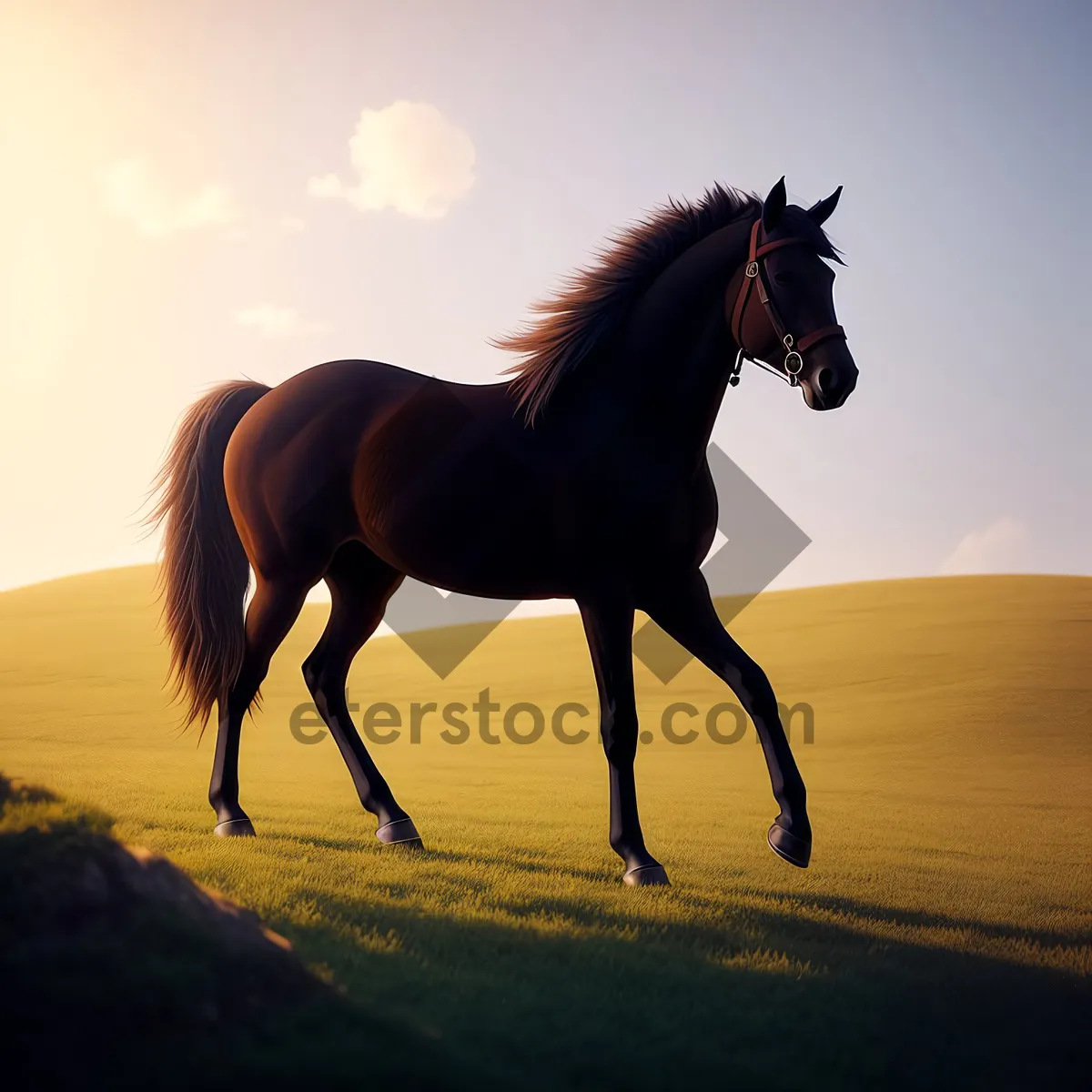 Picture of Thoroughbred horse grazing in rural meadow pasture.