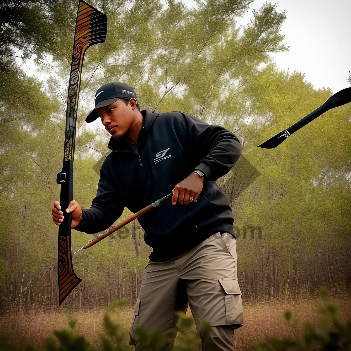 Picture of Male Golfer Swinging Club on Green