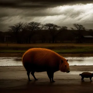 Rural swine grazing in a grassy meadow