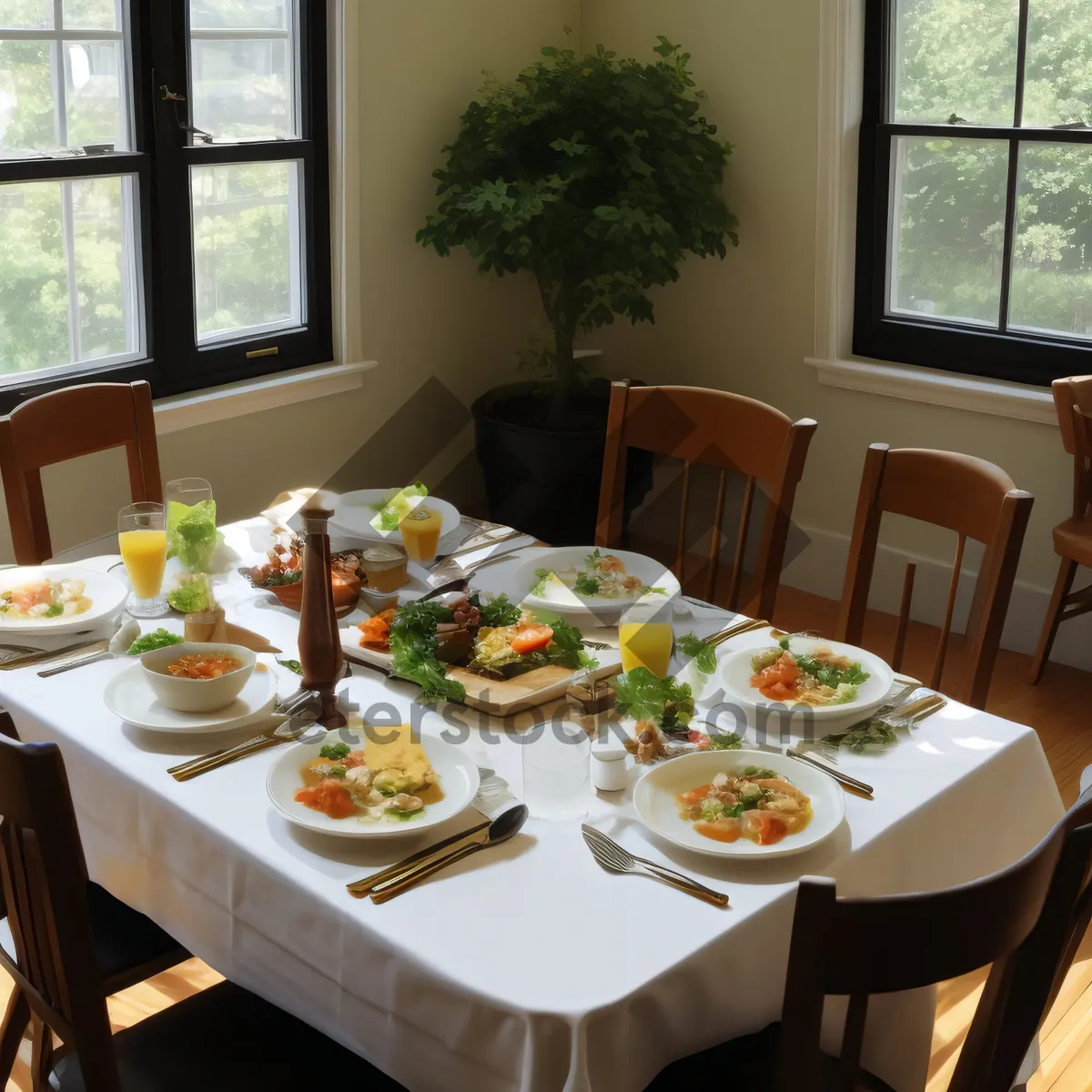 Picture of Luxurious Restaurant Dining Table Setting with Drink