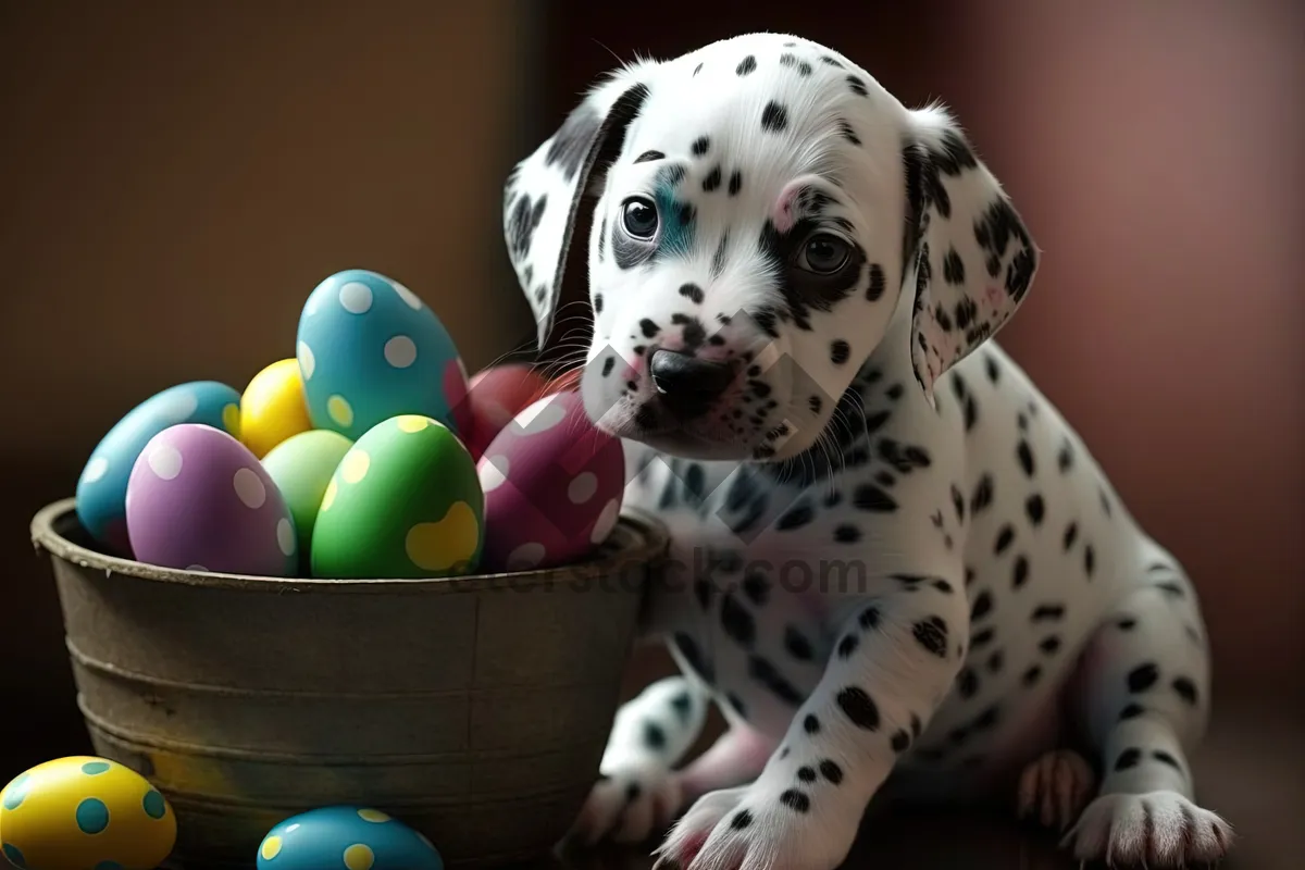 Picture of Cute child playing with domestic Dalmatian dog