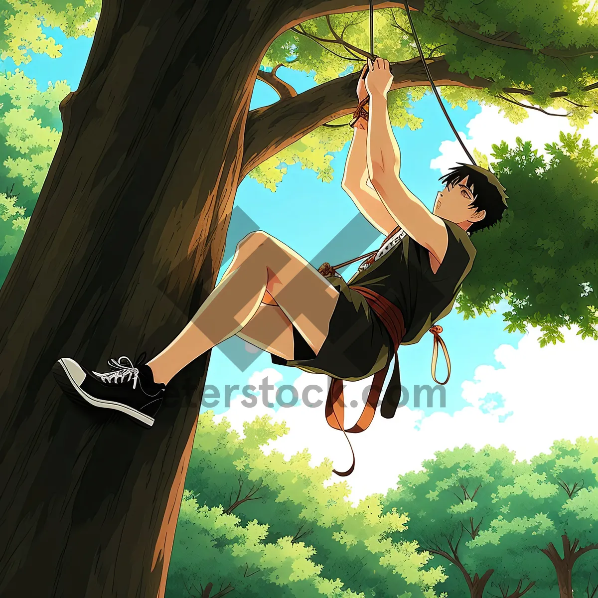 Picture of Swinging under the shady tree with a colorful umbrella.