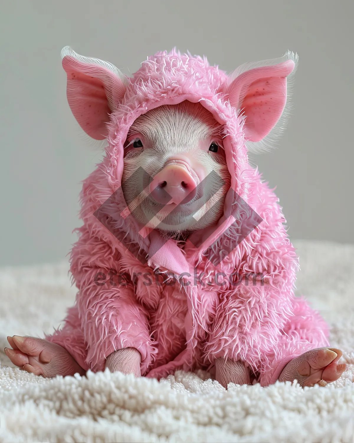 Picture of Adorable piglet toy in pink farm setting