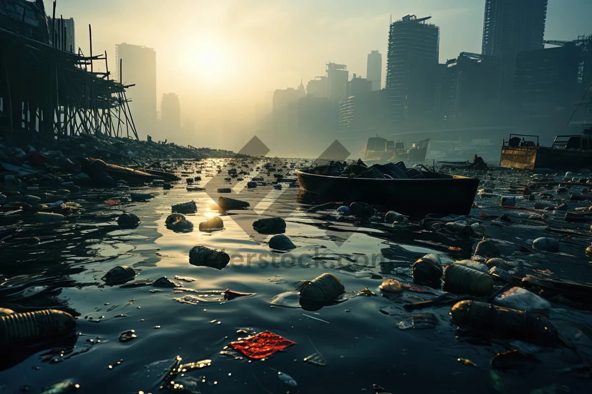 Picture of Urban Waterfront City Skyline with Military Vessel