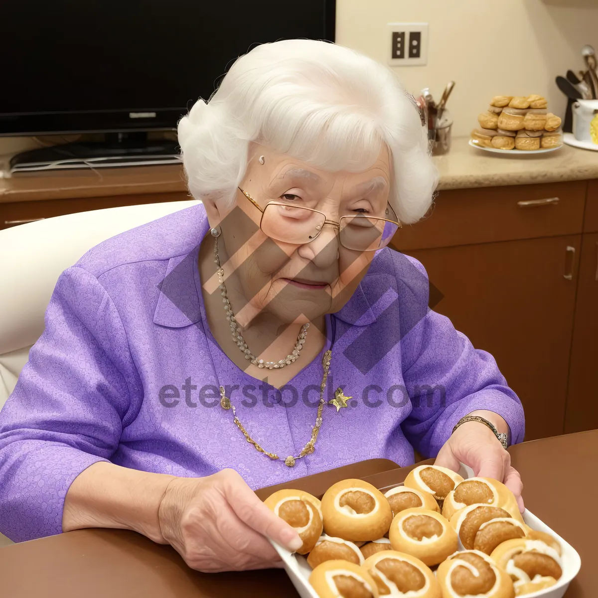 Picture of Smiling senior enjoying homemade pretzel breakfast in kitchen