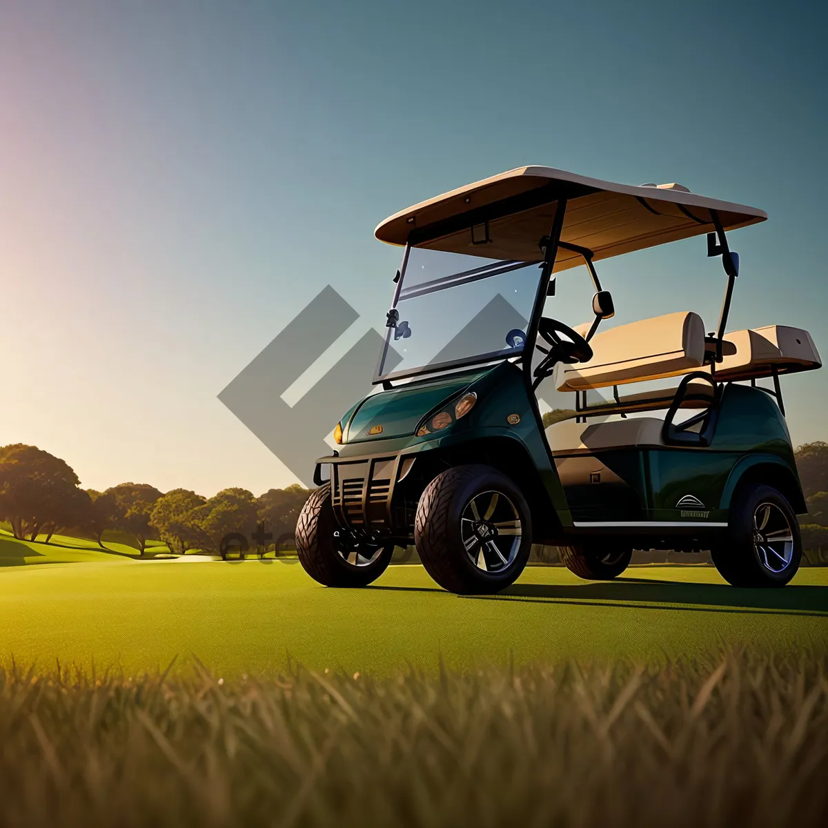 Picture of Sunny Golfer on Green Landscape with Car