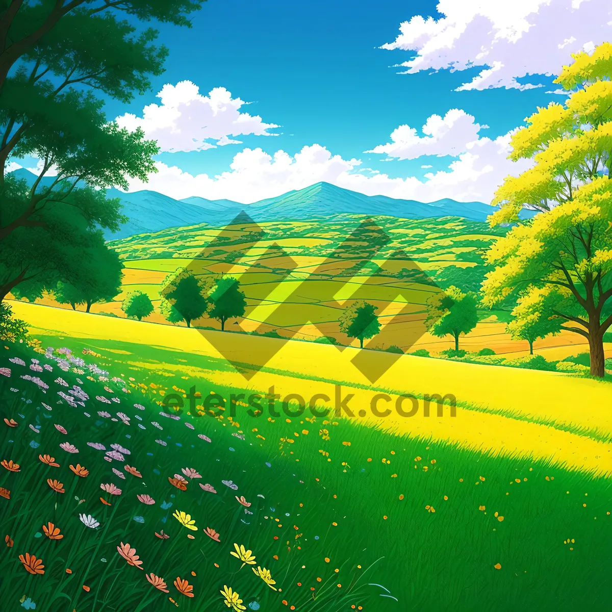 Picture of Sunny Hill with Clouds and Rapeseed Field