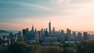 Modern Office Tower in City Skyline at Sunset