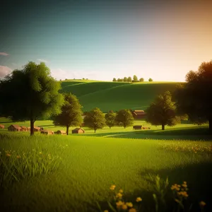Vibrant Rapeseed Field under Sunny Countryside Sky