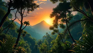Tropical island sunset silhouette vacation paradise landscape.