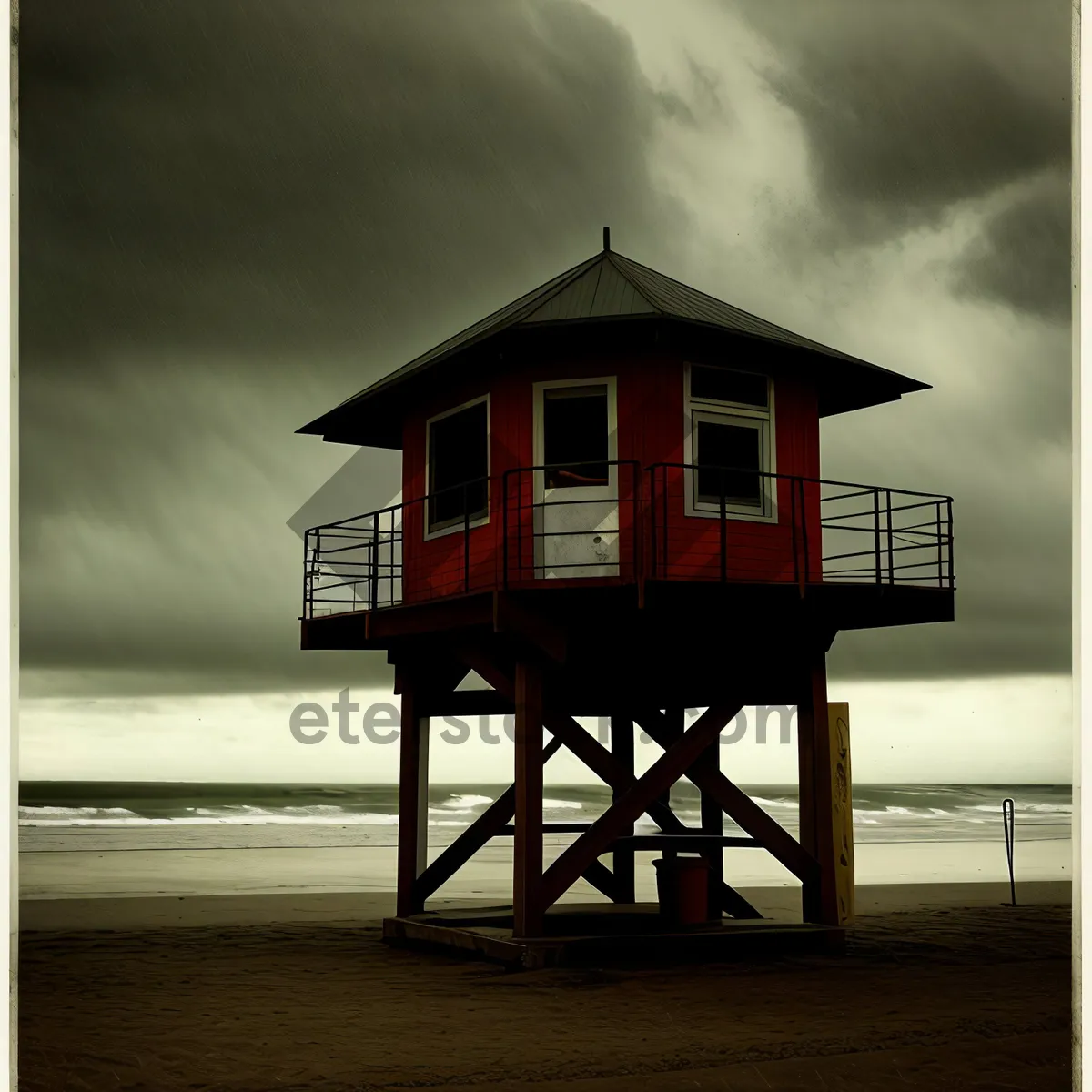 Picture of Coastal Beach Boathouse Tower Amidst Serene Waters