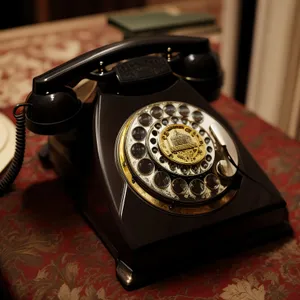 Vintage black rotary dial telephone in office setting.