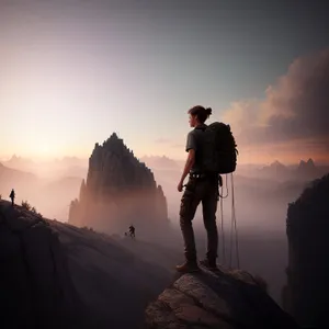 Mountain Hiker Conquering Majestic Sunset Ascent