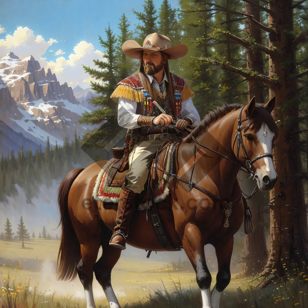 Picture of Brown Stallion in Cowboy Riding Gear on Ranch.