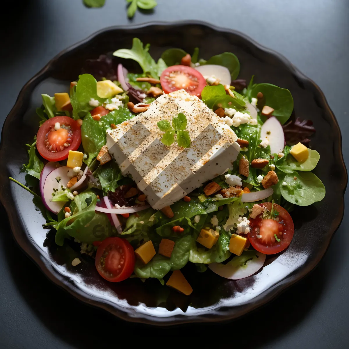 Picture of Fresh vegetable salad with grilled meat and cheese