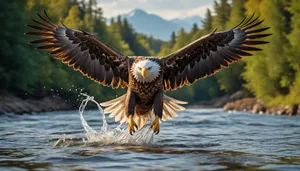 Majestic bald eagle in mid-flight with outstretched wings.