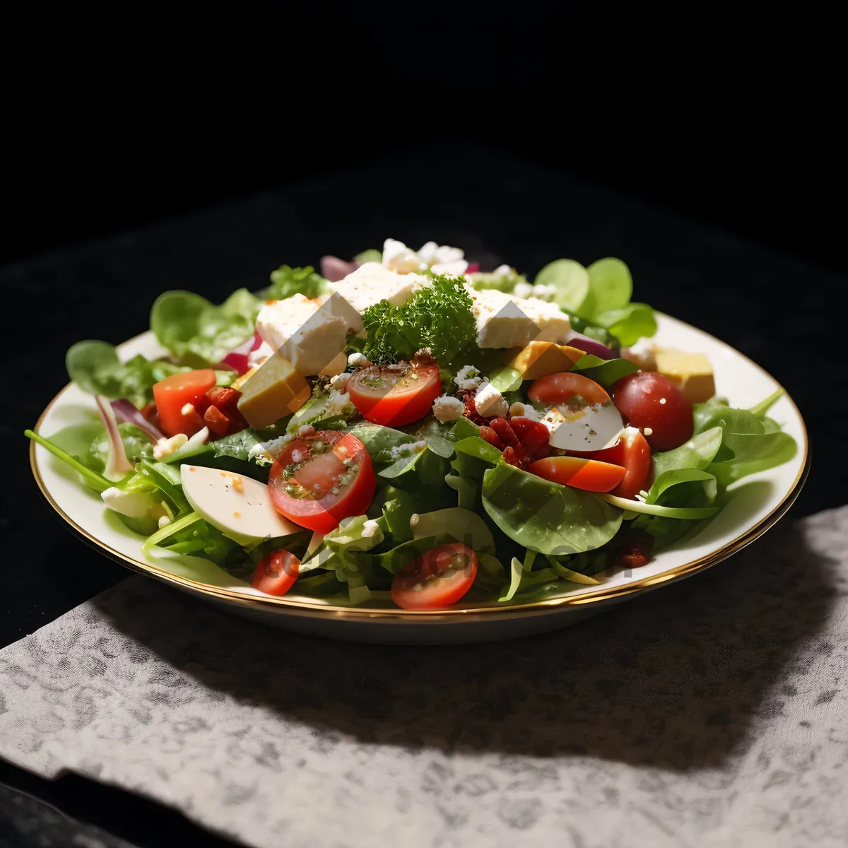 Picture of Delicious gourmet salad with fresh vegetables and cheese.