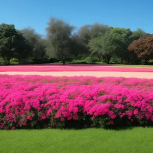 Countryside landscape with blooming phlox in spring sunshine