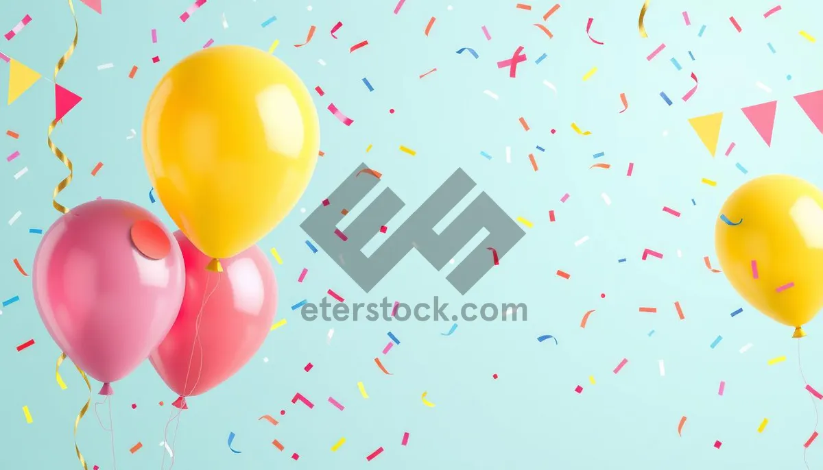 Picture of Colorful balloon party decorations with confetti and elements.