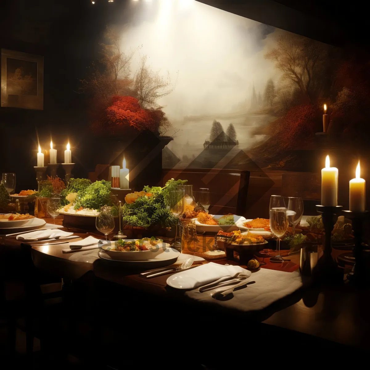 Picture of Nighttime dinner celebration at elegant restaurant with candlelight