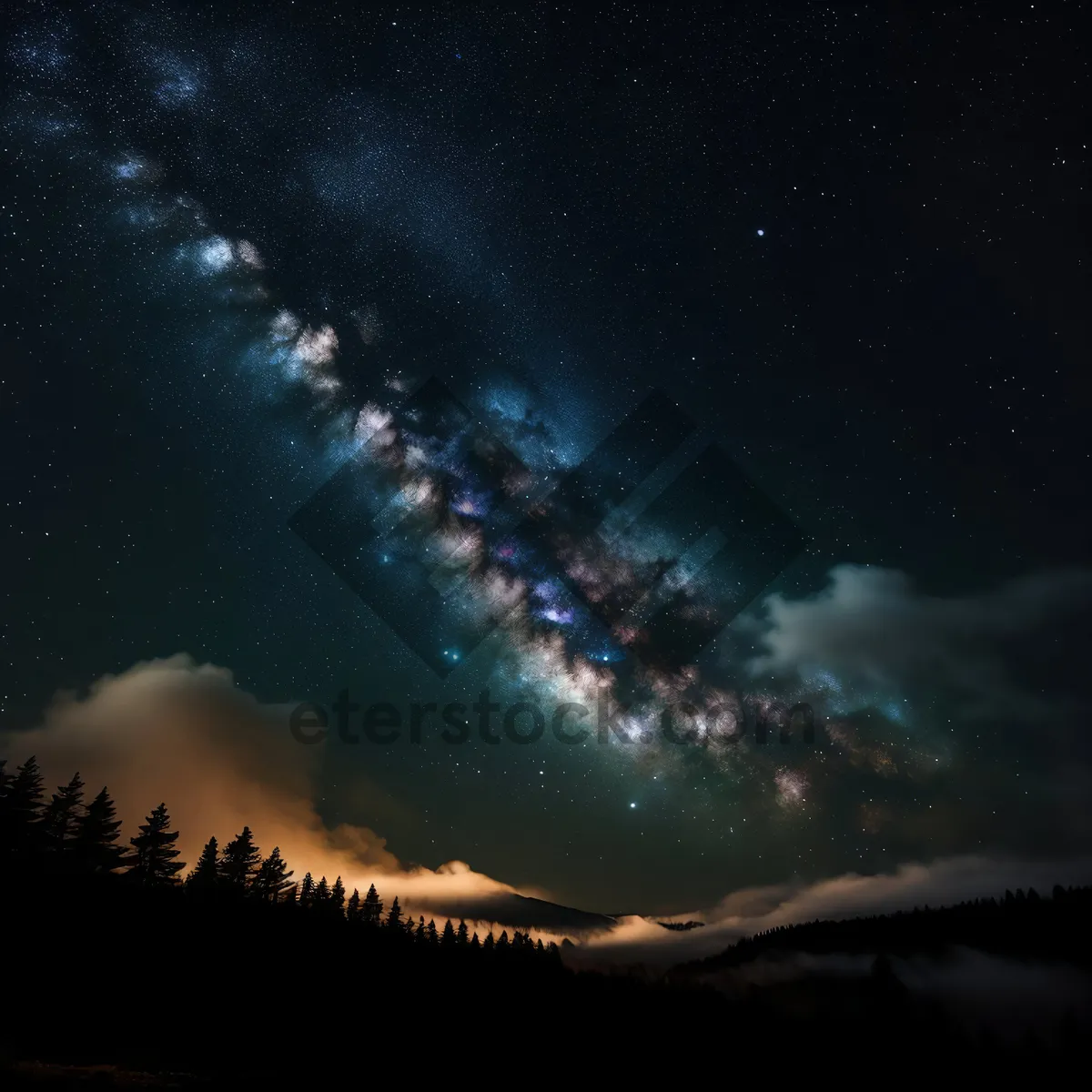 Picture of Dark celestial body illuminates starry universe among clouds