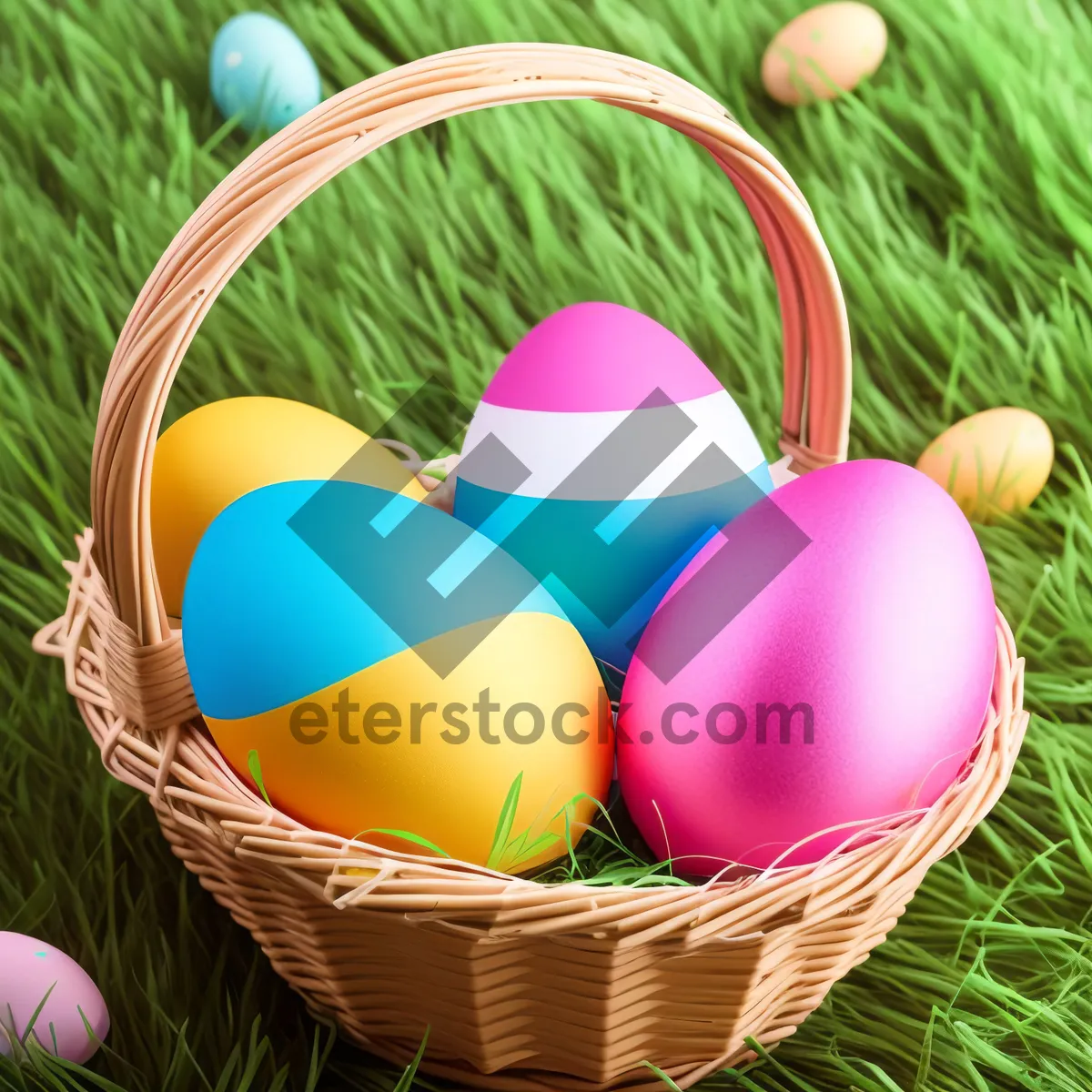 Picture of Colorful Easter Eggs in a Wicker Basket