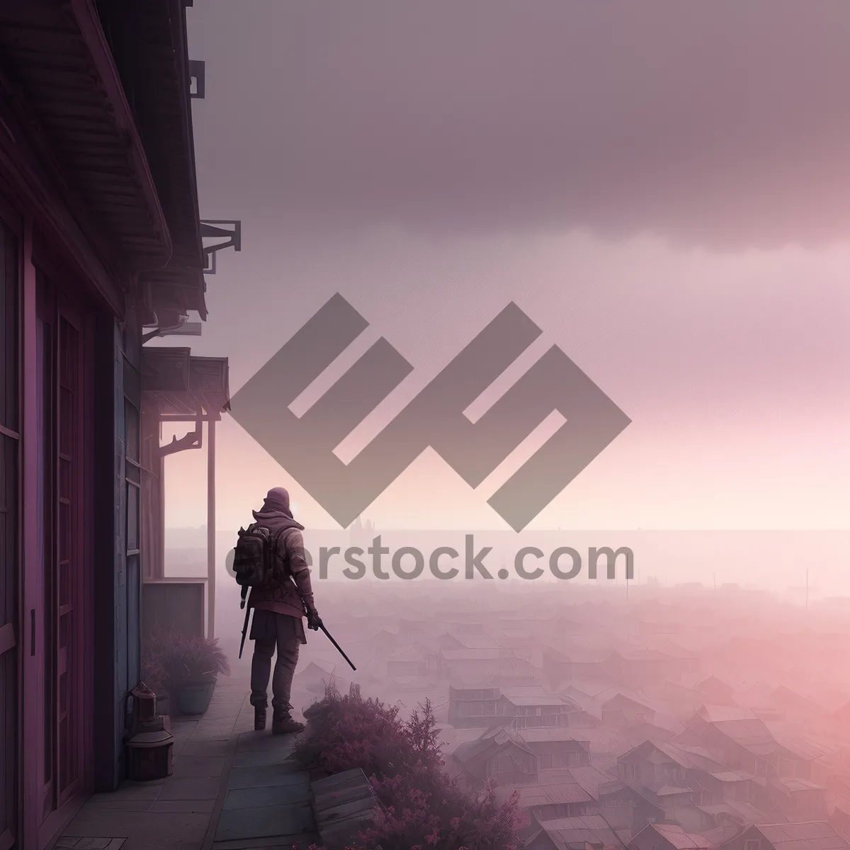 Picture of Silhouette of Man Hiking Against a Mountain Sunset