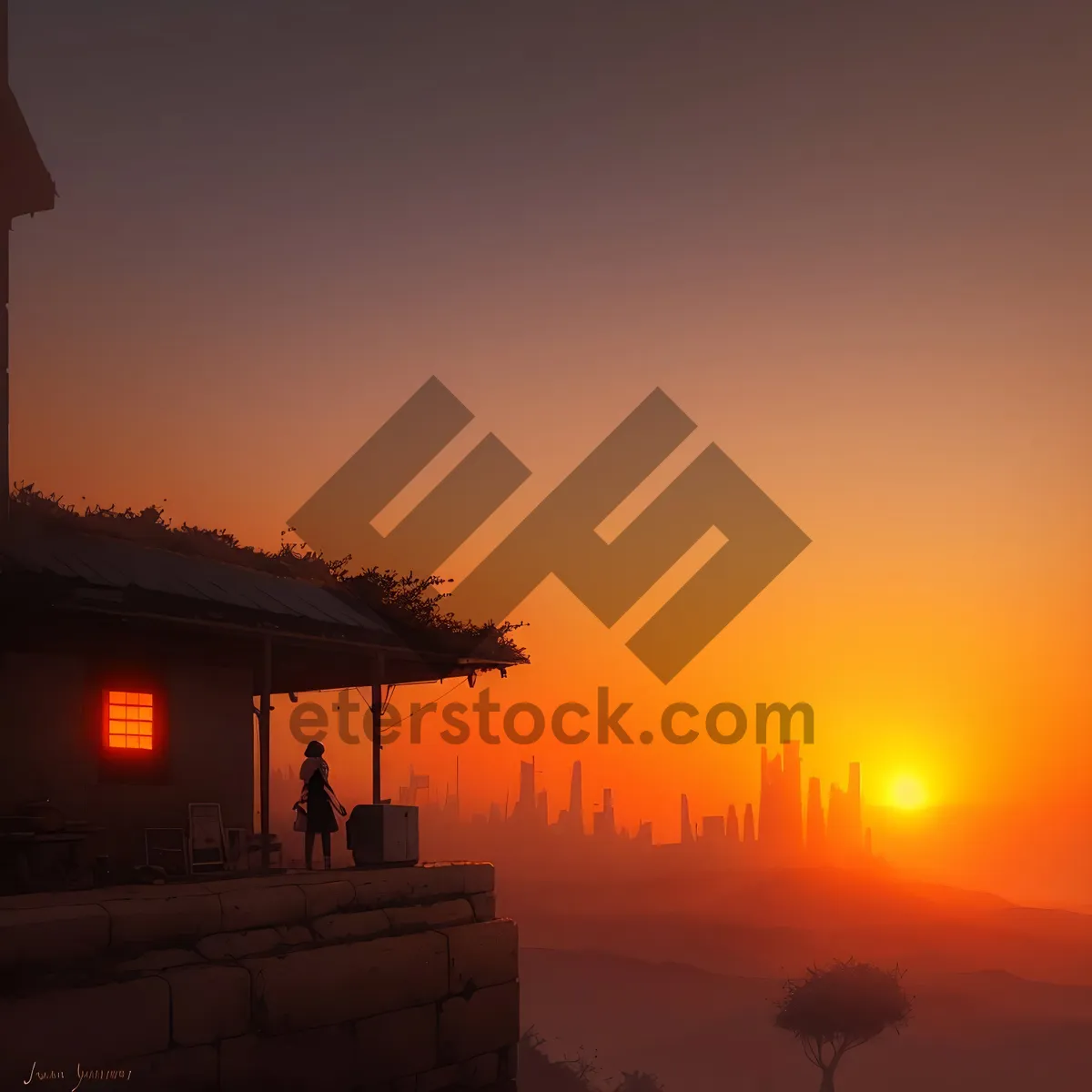 Picture of Vibrant Sunset Skyline Silhouette