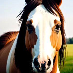 Brown horse grazing in rural pasture