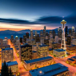 Glowing cityscape: Modern metropolis at dusk.