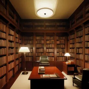 Modern library interior with wooden furniture and books