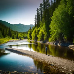 Serene Reflection: Lake nestled in scenic forest