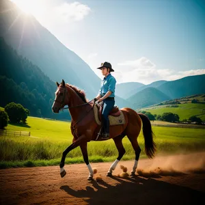 Equestrian Cowboy Riding Thoroughbred Horse in Rural Field