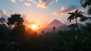 Sunset silhouette of tree in scenic mountain landscape