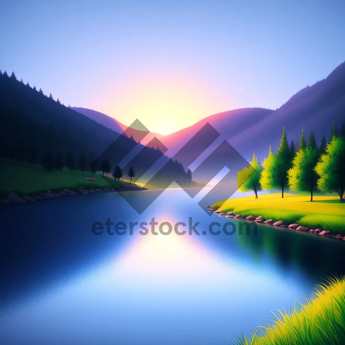 Picture of Sunset over a serene lakeside landscape