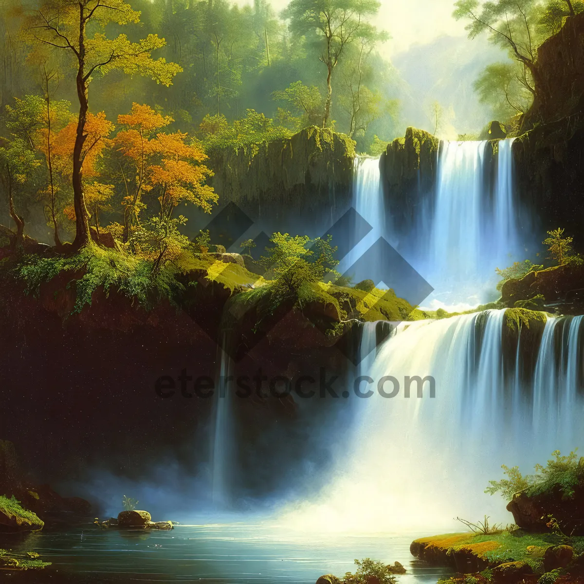 Picture of Serene Cascading Waterfall in Autumn Forest