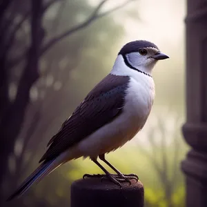 Magpie perched on tree branch with feathers on display.