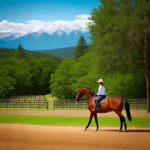 Thoroughbred horse with polo mallet and rider