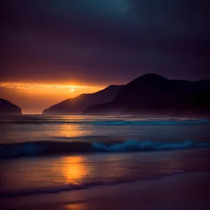 Serene Sunset Over Tropical Beach: Reflection on Calm Waters