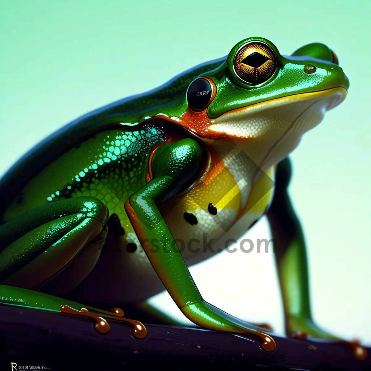 Picture of Vibrant Eye-catching Tree Frog Peeking through Leaves.