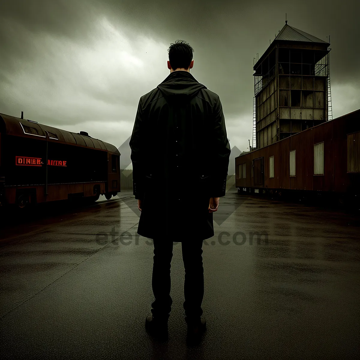 Picture of Sunset Silhouette: City-dweller strolls on the beach in trench coat.