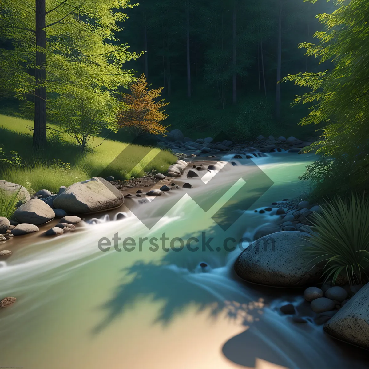 Picture of Tranquil River Cascading Through Lush Forest