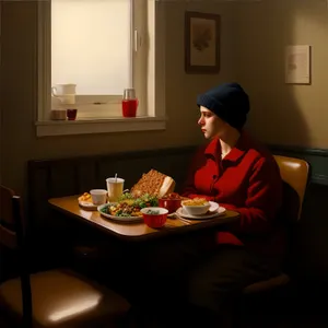 Happy man enjoying lunch at cozy restaurant table