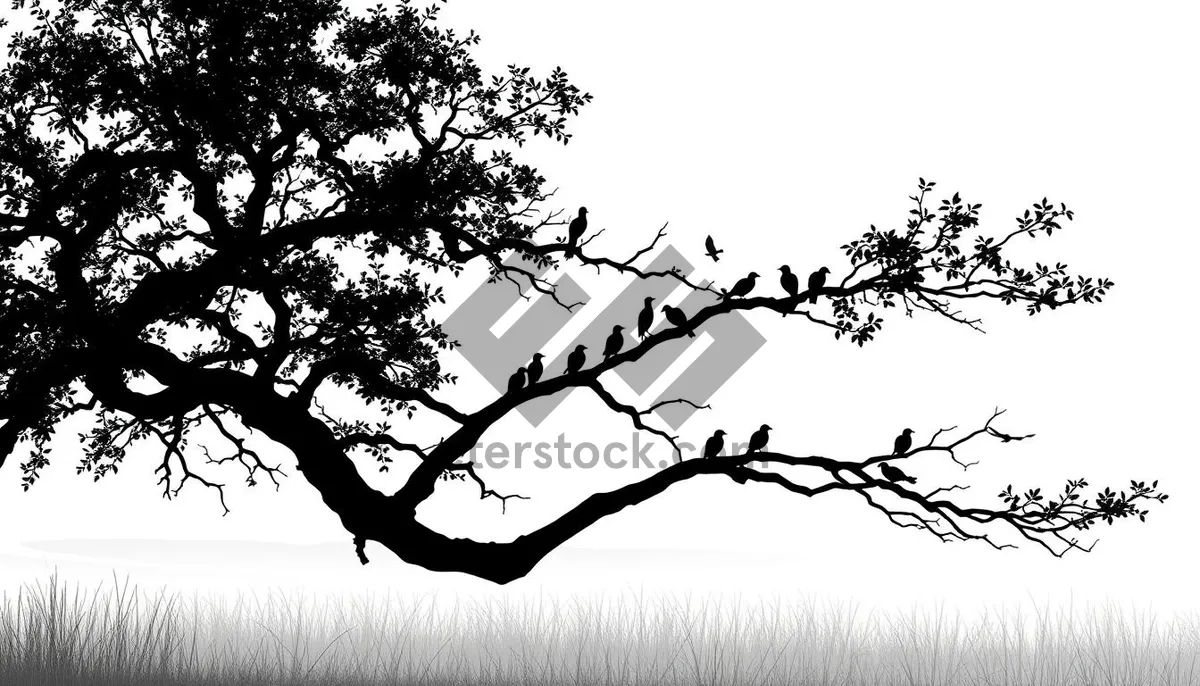 Picture of Silhouette of oak tree against sky and forest.