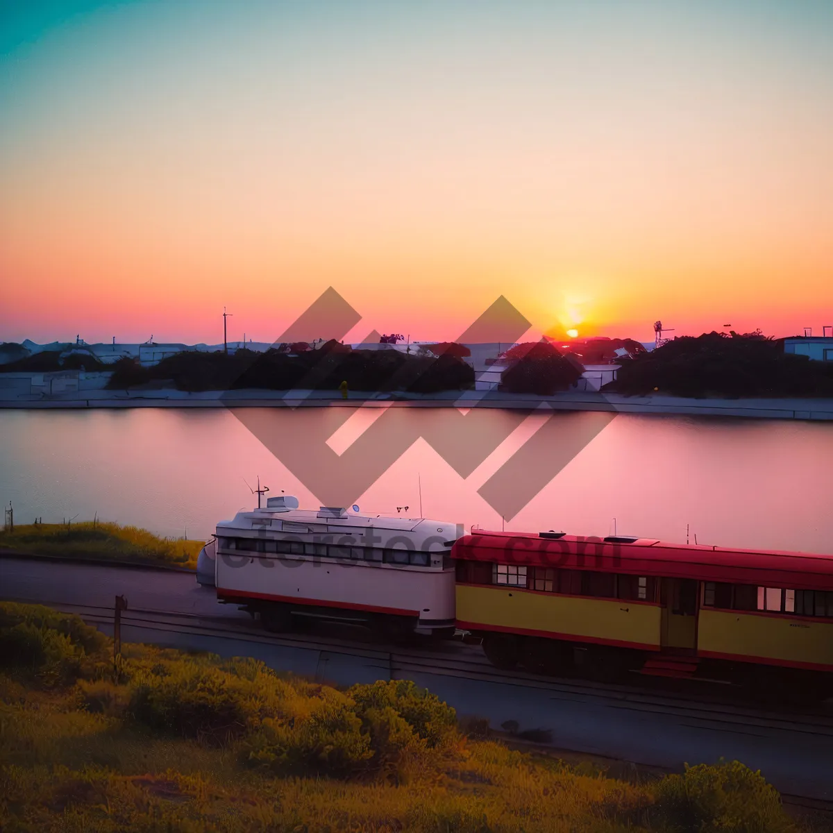 Picture of Container ship sailing through picturesque harbor