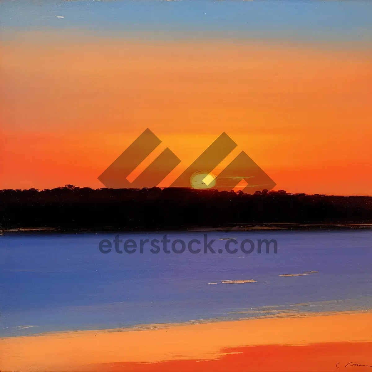 Picture of Twilight Tranquility: Silhouetted Palm Trees Reflecting on the Orange Horizon