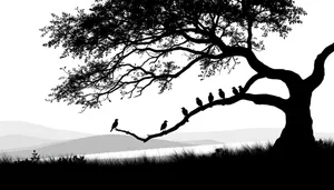 Black Oak Tree Silhouette in Winter Forest Landscape