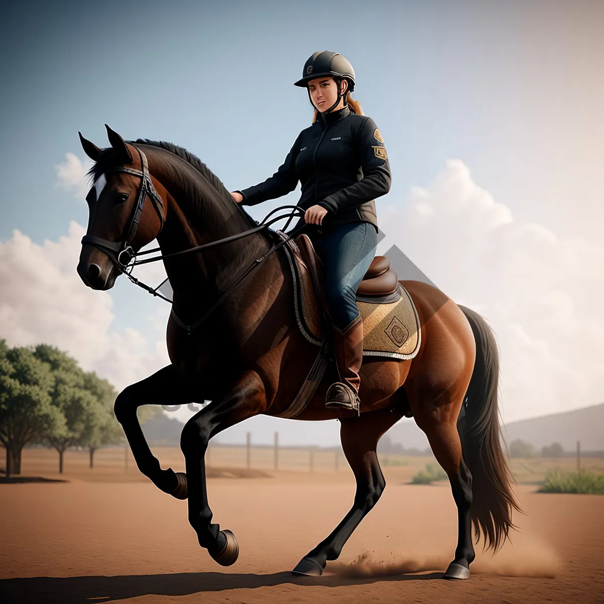 Picture of Equestrian Teacher Riding Thoroughbred Stallion with Polo Mallet