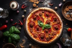 Delicious cheesy pizza with pepperoni and vegetables proposal