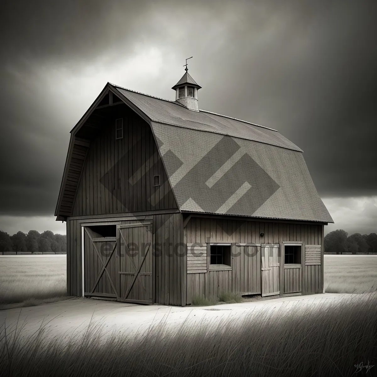 Picture of Rustic Farmhouse against Serene Countryside Sky